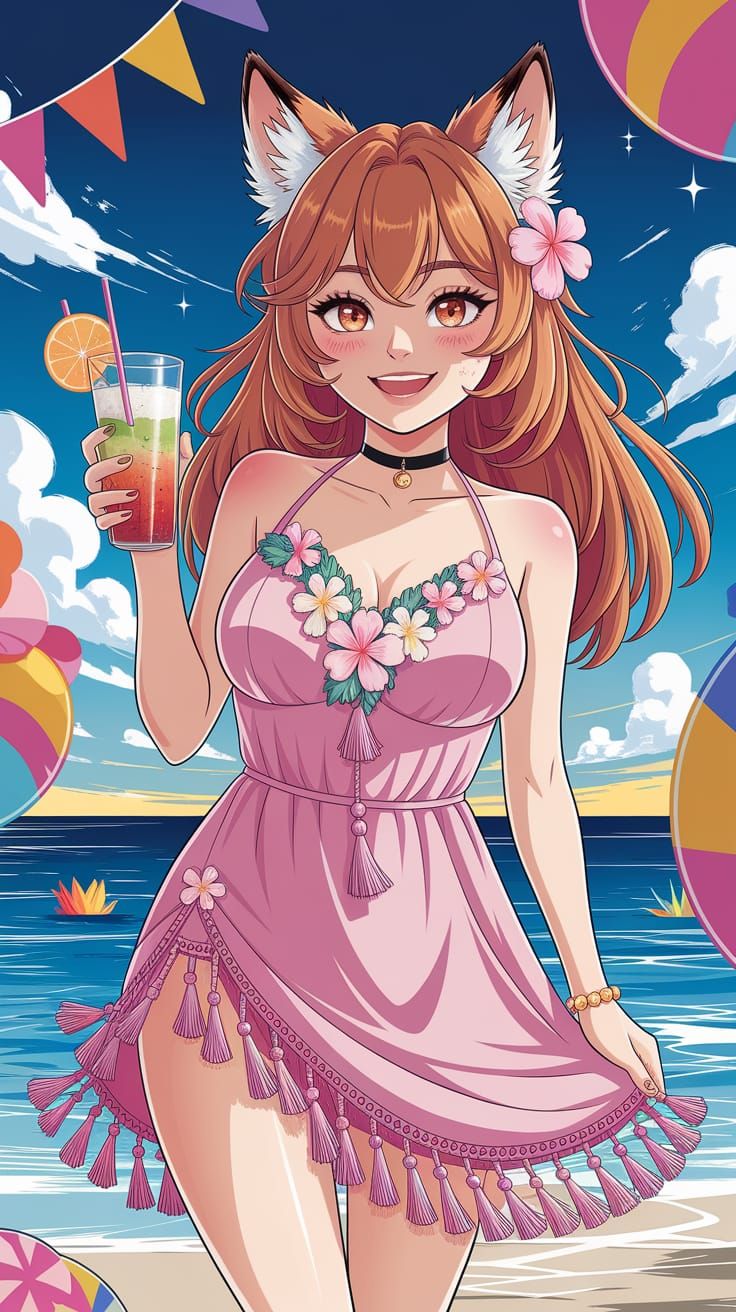 Fox-Eared Woman in Hawaiian Dress: Shoujo Anime Style