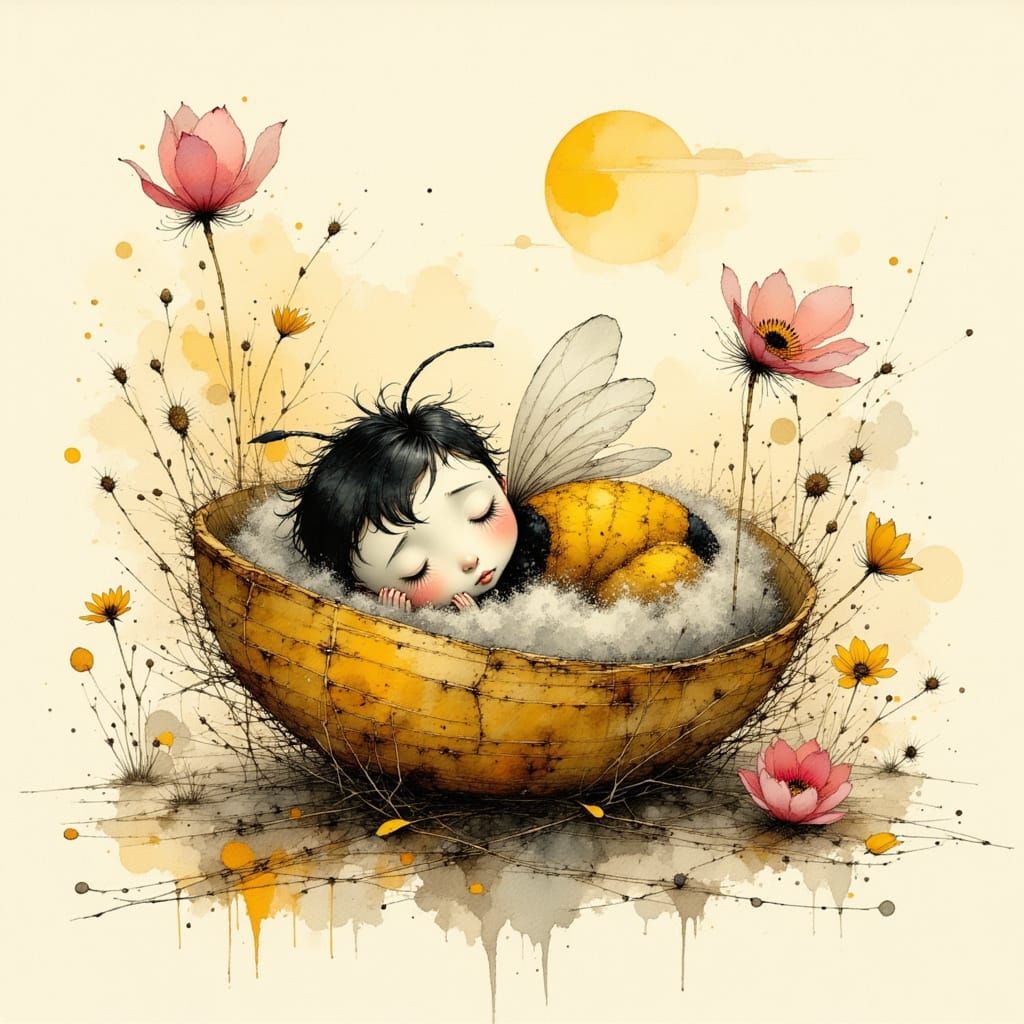 Cartoon Ink Painting of Bee Asleep in Nest