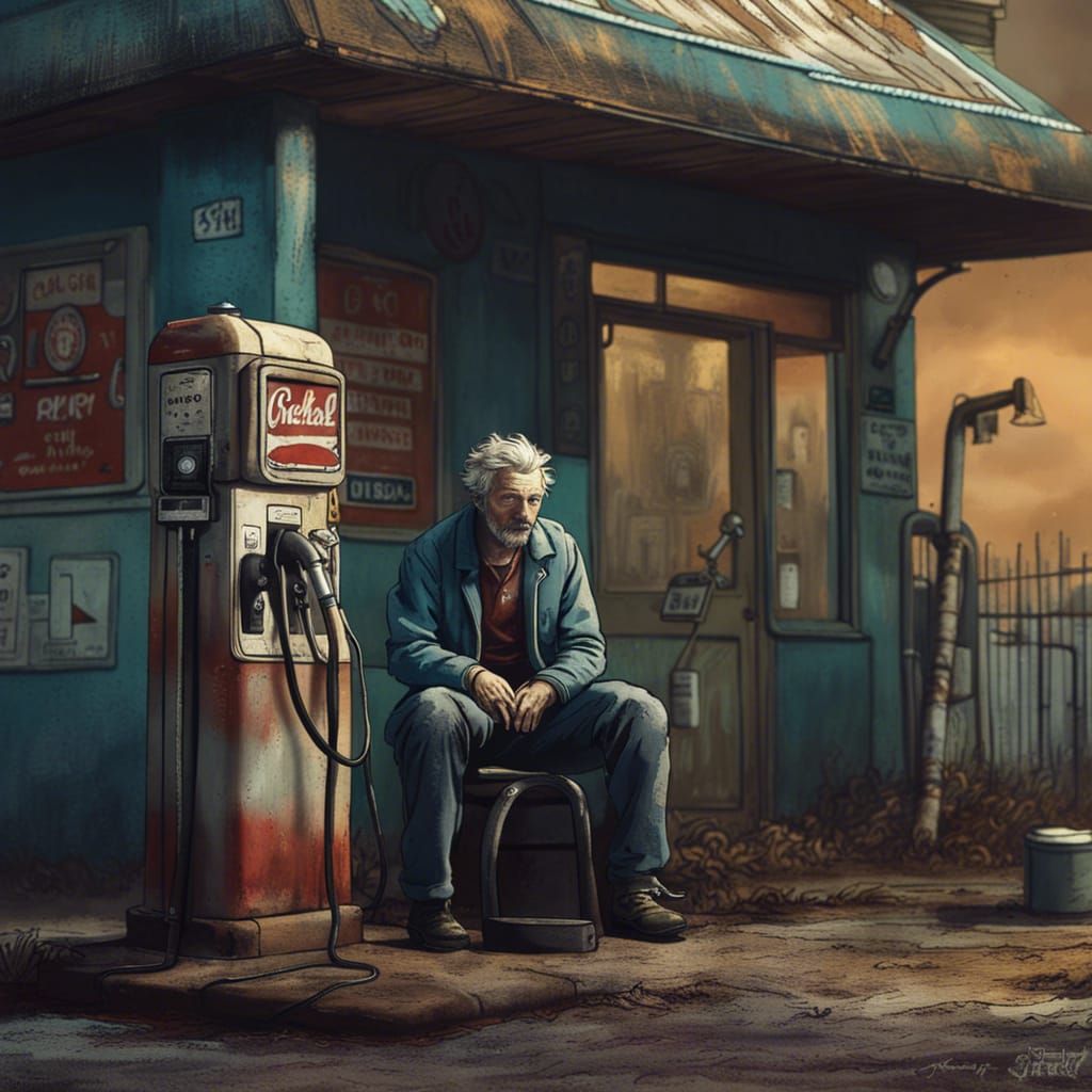 Weary Man at Gas Station, Banksy Style