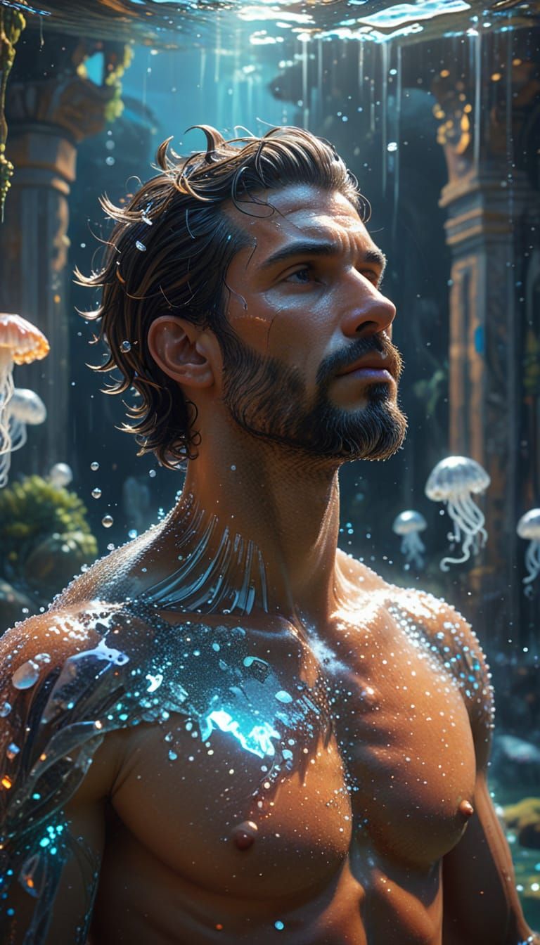 Strong, Hairy Man in Underwater Scene with Ancient City