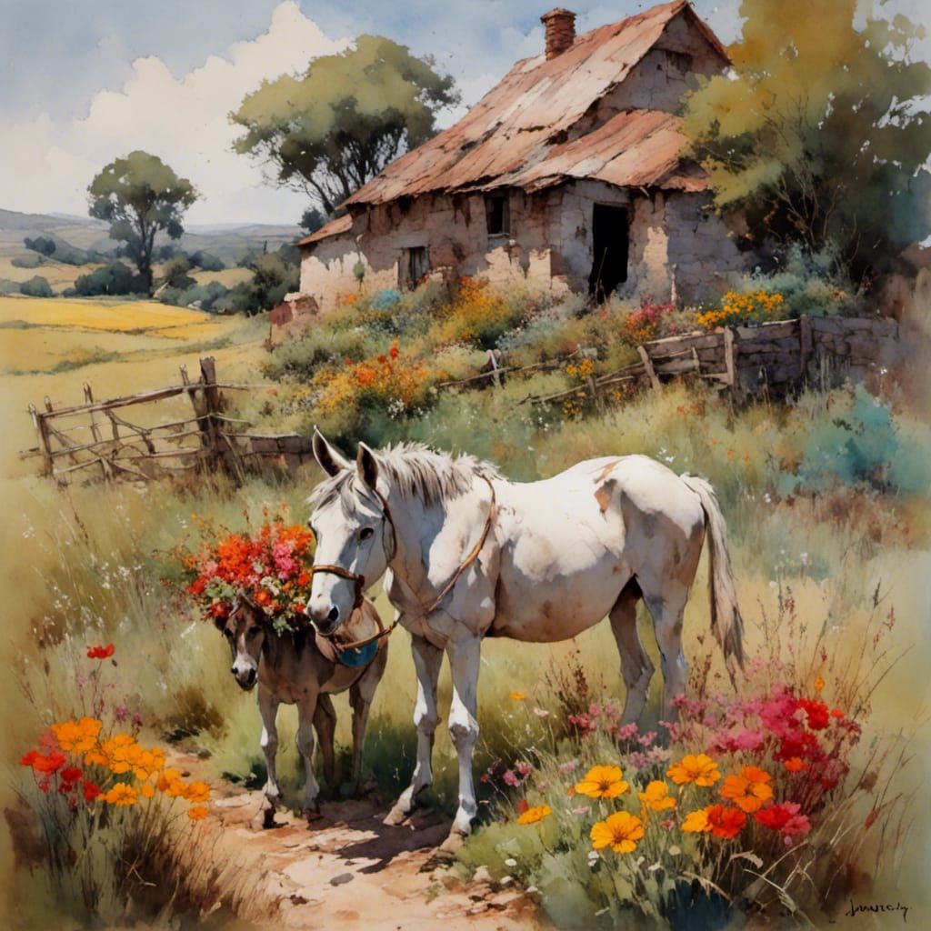 Idyllic House with Donkey in Retro Oil Painting Style