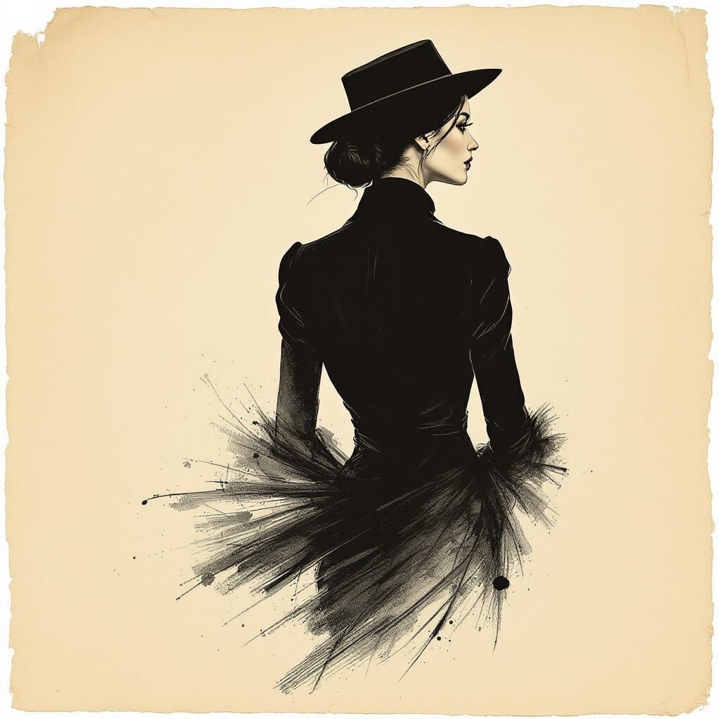 Elegant Model in Ink Drawing on Aged Paper