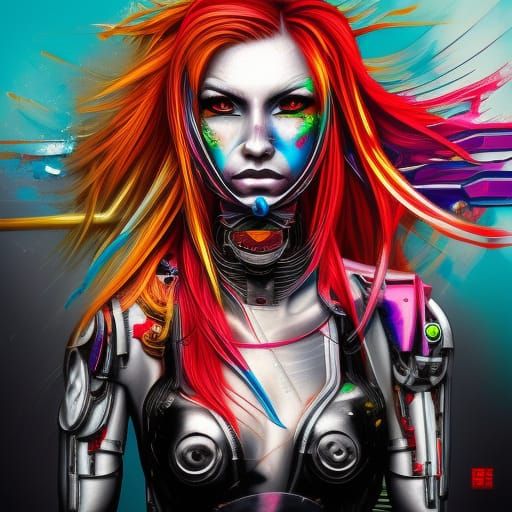 Cyborg Warrior Woman in Graffiti Art Style