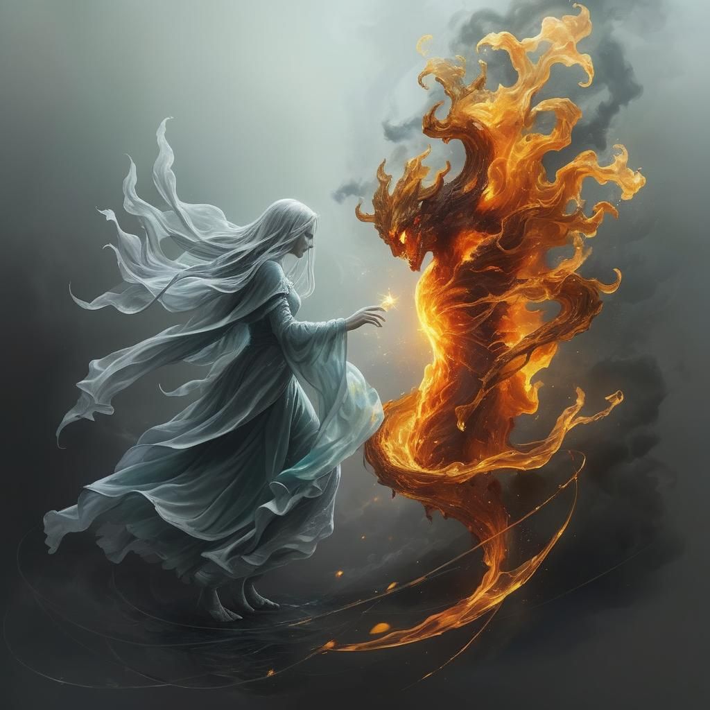 Blazing Fire Elemental Encircles Rainbow Gemstone