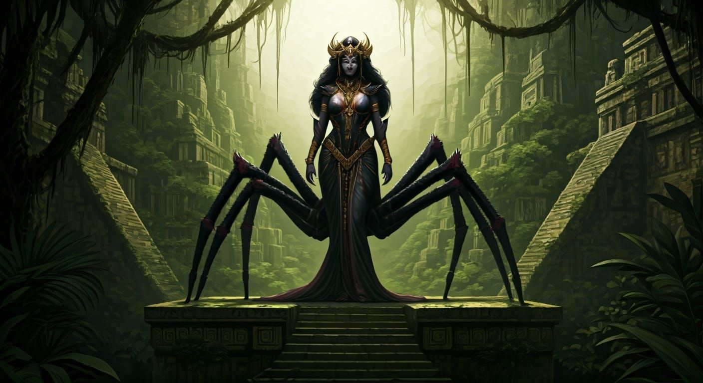 A regal female arachne queen stands atop a towering ziggurat in a forgotten jungle city, her obsidian spider-body gleami...