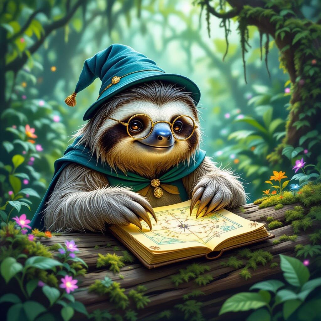 Ancient Sloth Scholar Studies Glowing Celestial Map in Fanta...