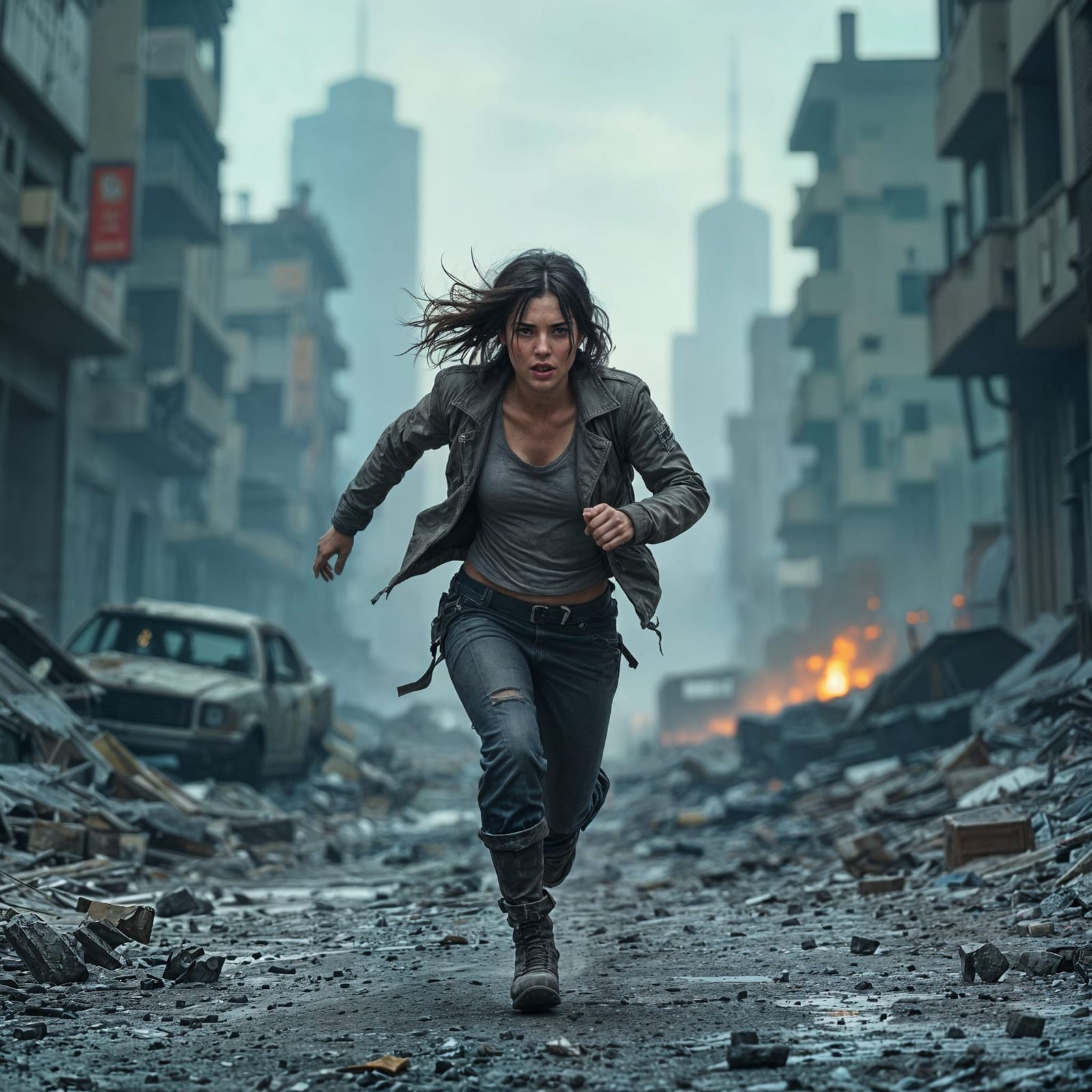 Woman Sprinting Through Post-Apocalyptic Cityscape