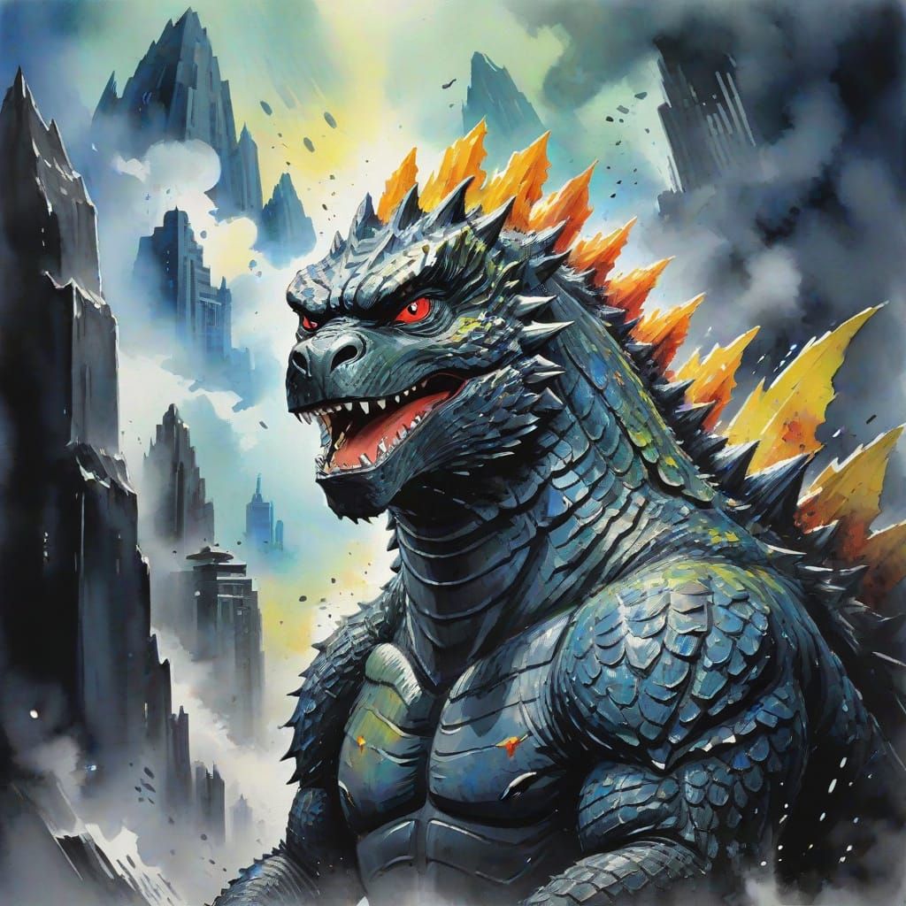 Godzilla in Gouache Style Watercolor Masterpiece