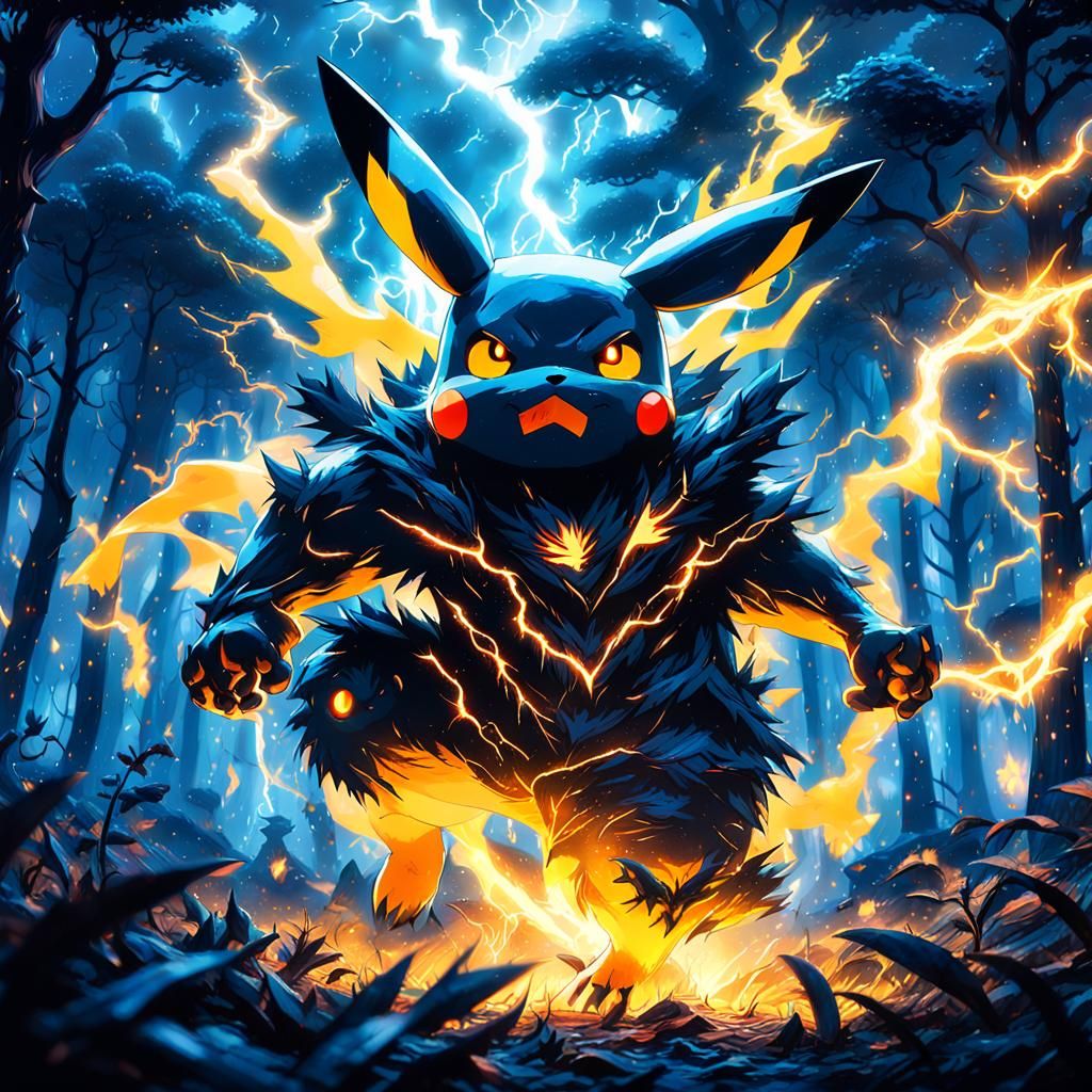 Pikachu Battles Demon in Dark Forest: Matte Painting