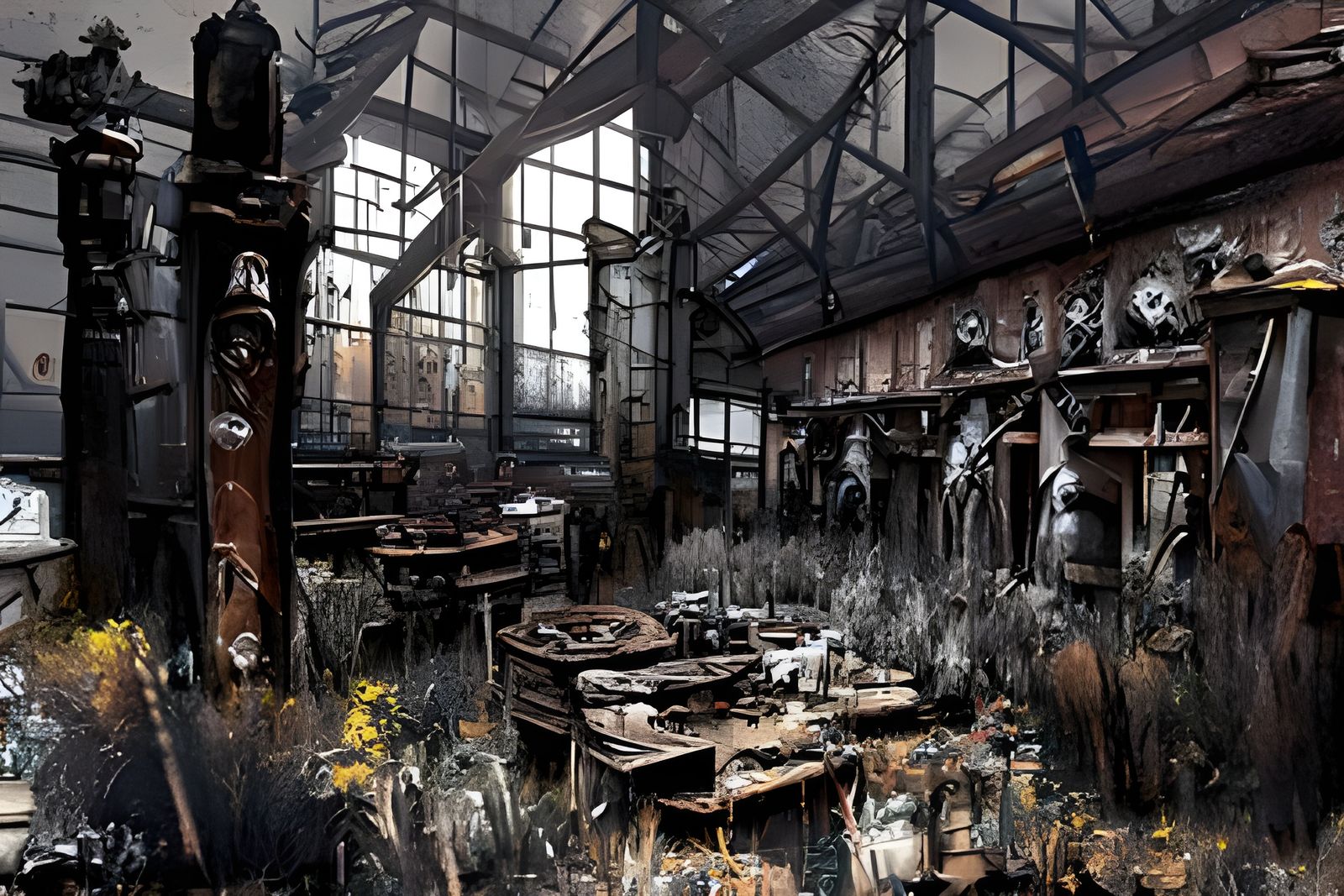 Derelict Factory Interior with Owl Demons: Gothic Art