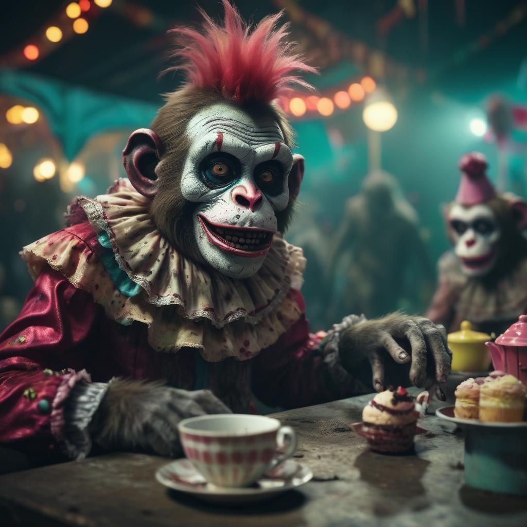 Zombie Monkey Clown Tea Party in Abandoned Carnival