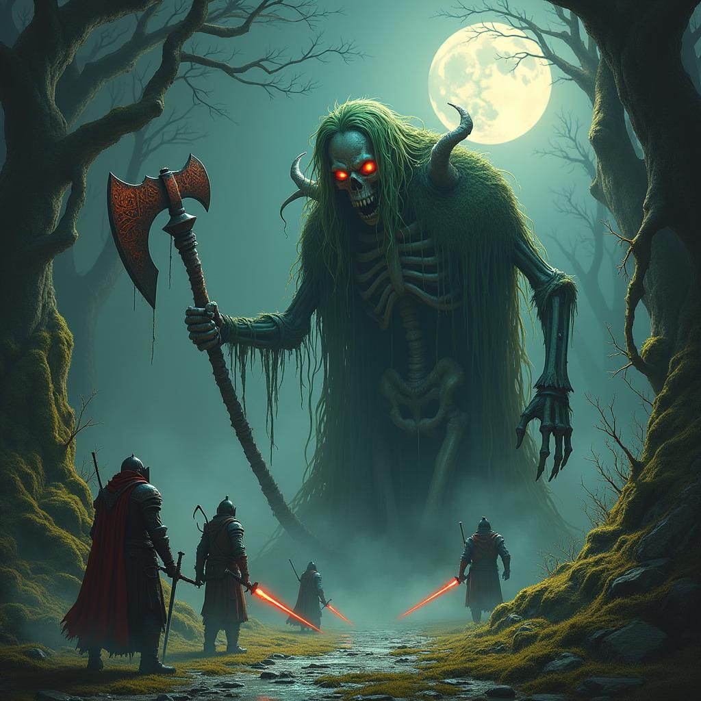 Imposing Skeleton Emerges from Crypt in Dark Swamp