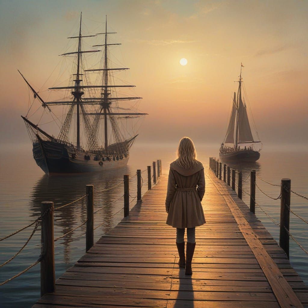 Blond Woman on Pier with Sailing Ship in Oil