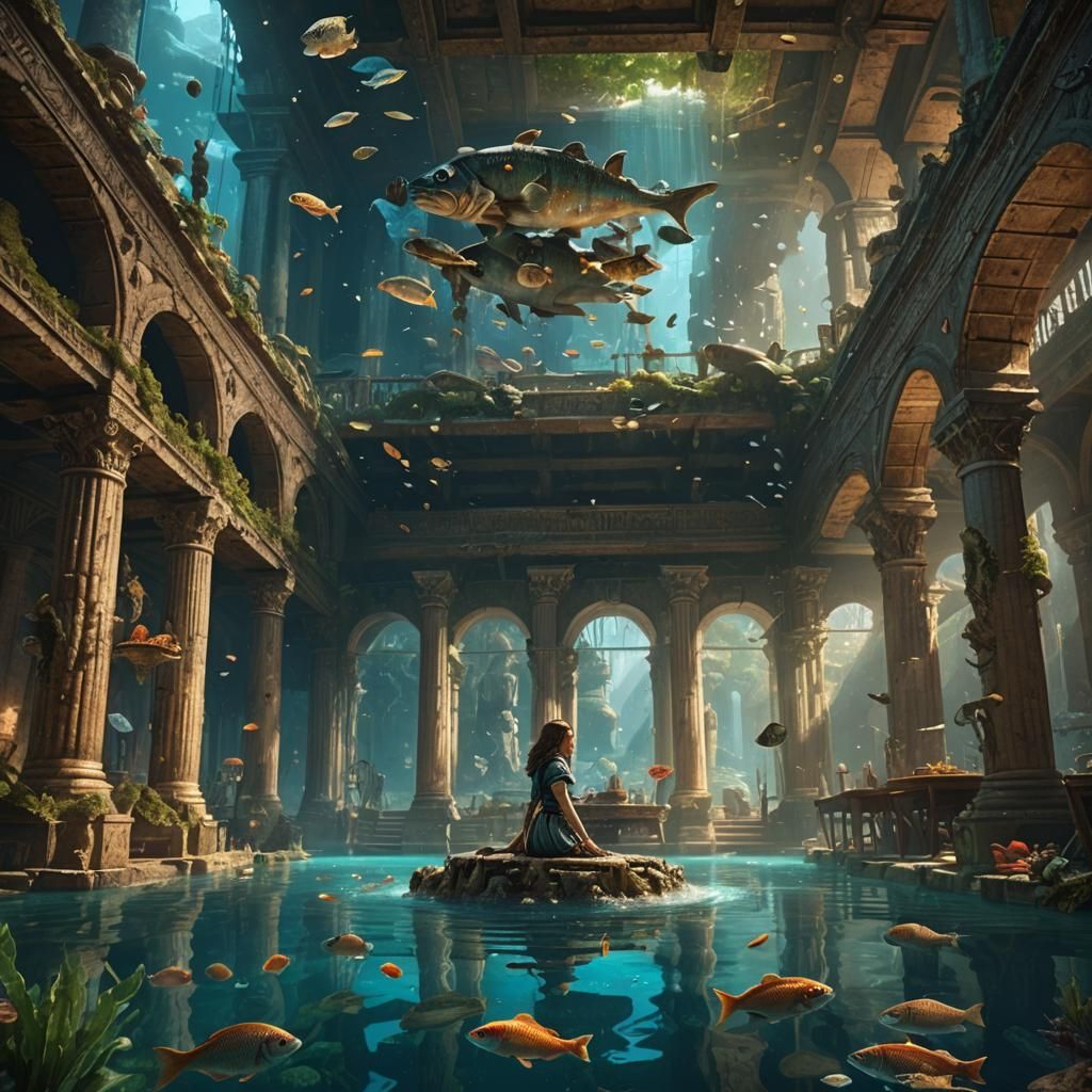 Girl Floats in Ancient Coliseum Hall