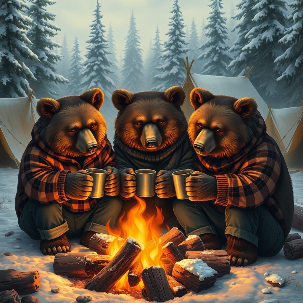 Grizzly Bears Enjoy Cozy Campfire Morning