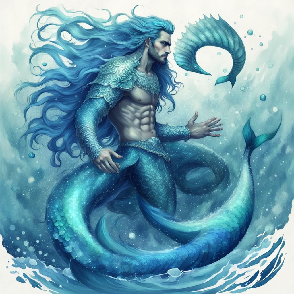 Majestic Blue-Haired Merman in Fantasy Style
