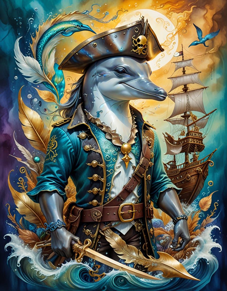 Dolphin Pirate in Surrealist Painting Style