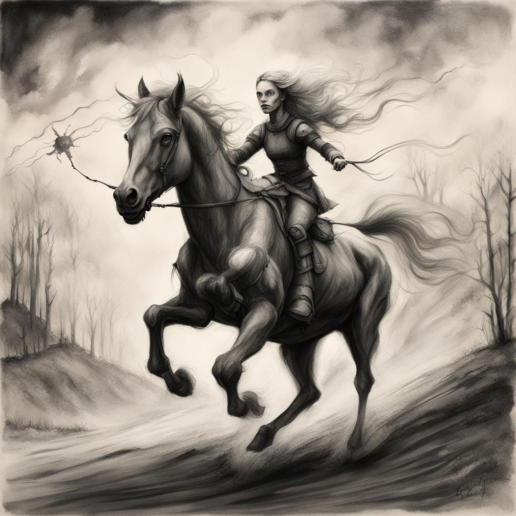 Ghostly Centaur in Tornadic, Futuristic Charcoal Art