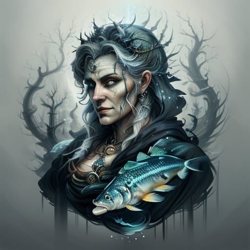 Mystical Goddess Unites Two Fish in Double Exposure