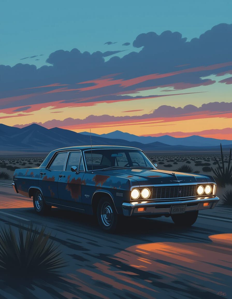 Lone Car Drives Through Desert Under Twilight Sky