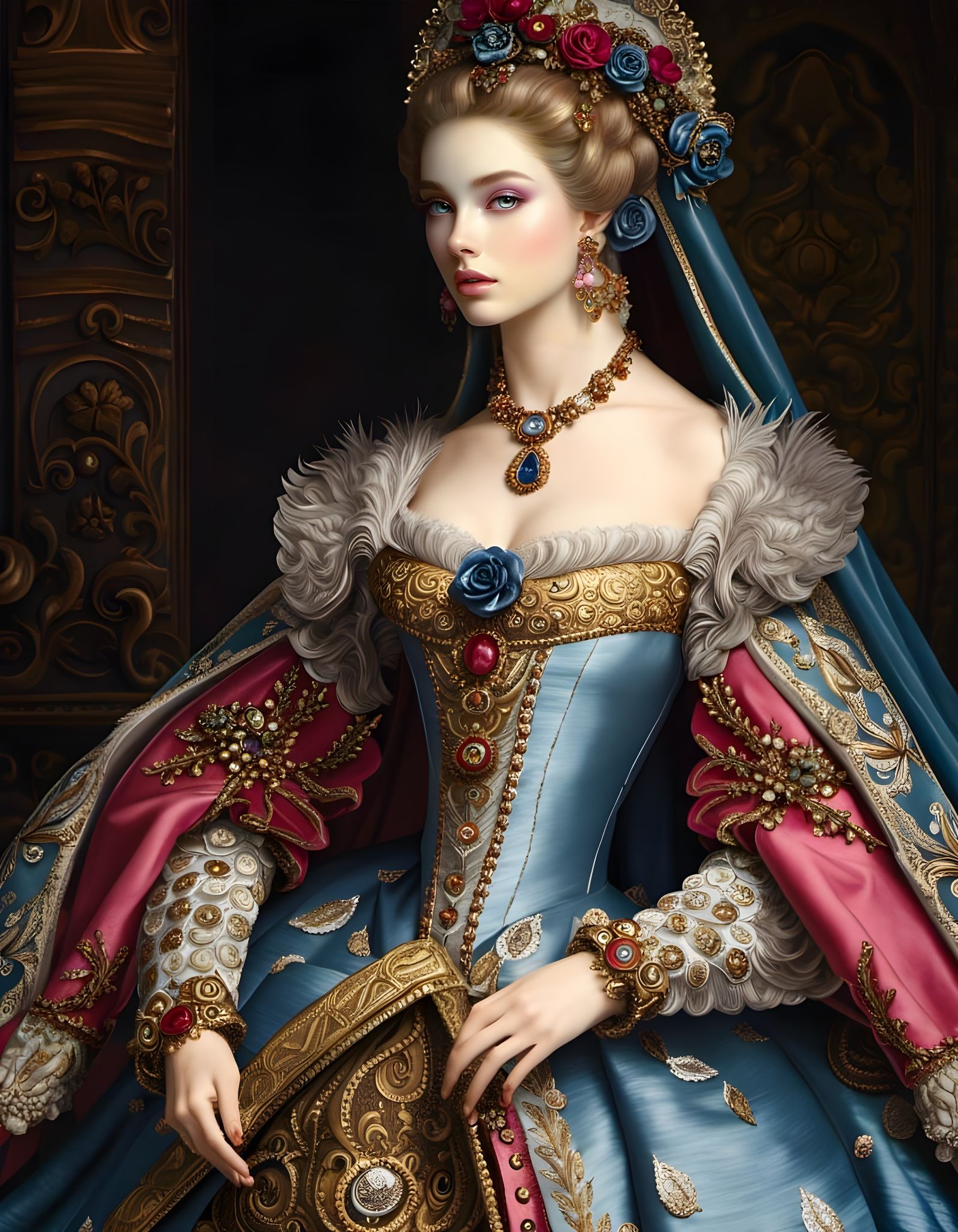 Surreal Fantasy Doll Amidst Vibrant Flowers in Intricate Orn...