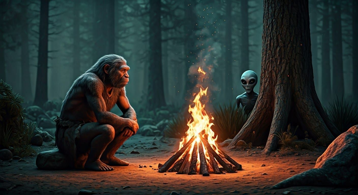 Neanderthal Bonfire Scene with Alien Observer