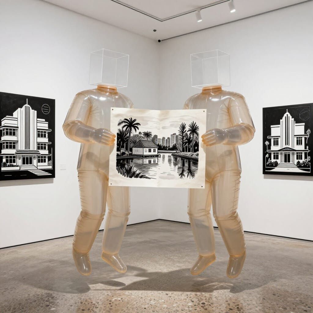 Two Bauhaus Figures Hover Above Terrazzo Floor
