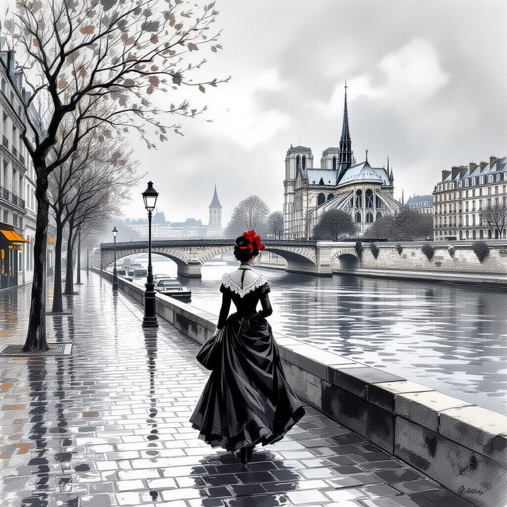 Woman in Paris Strolls Seine in Charcoal Drawing Style