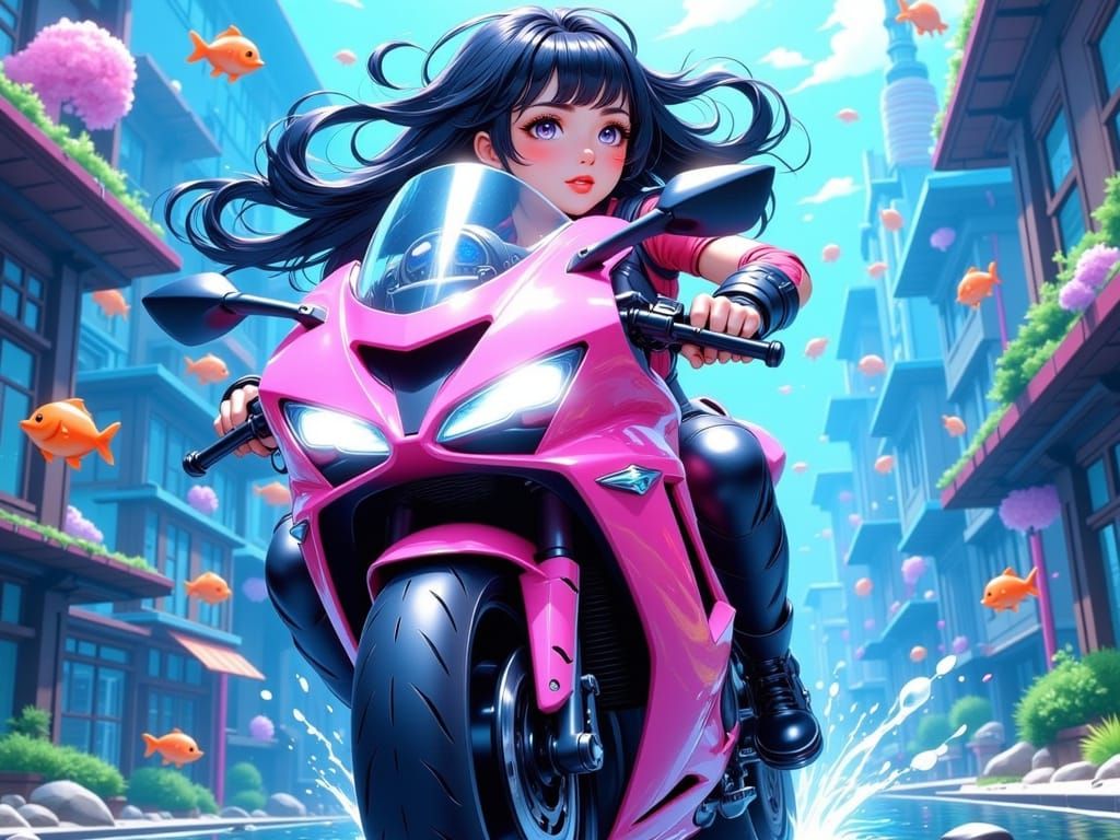 Anime Woman Rides Motorcycle Through Underwater City in Vibr...