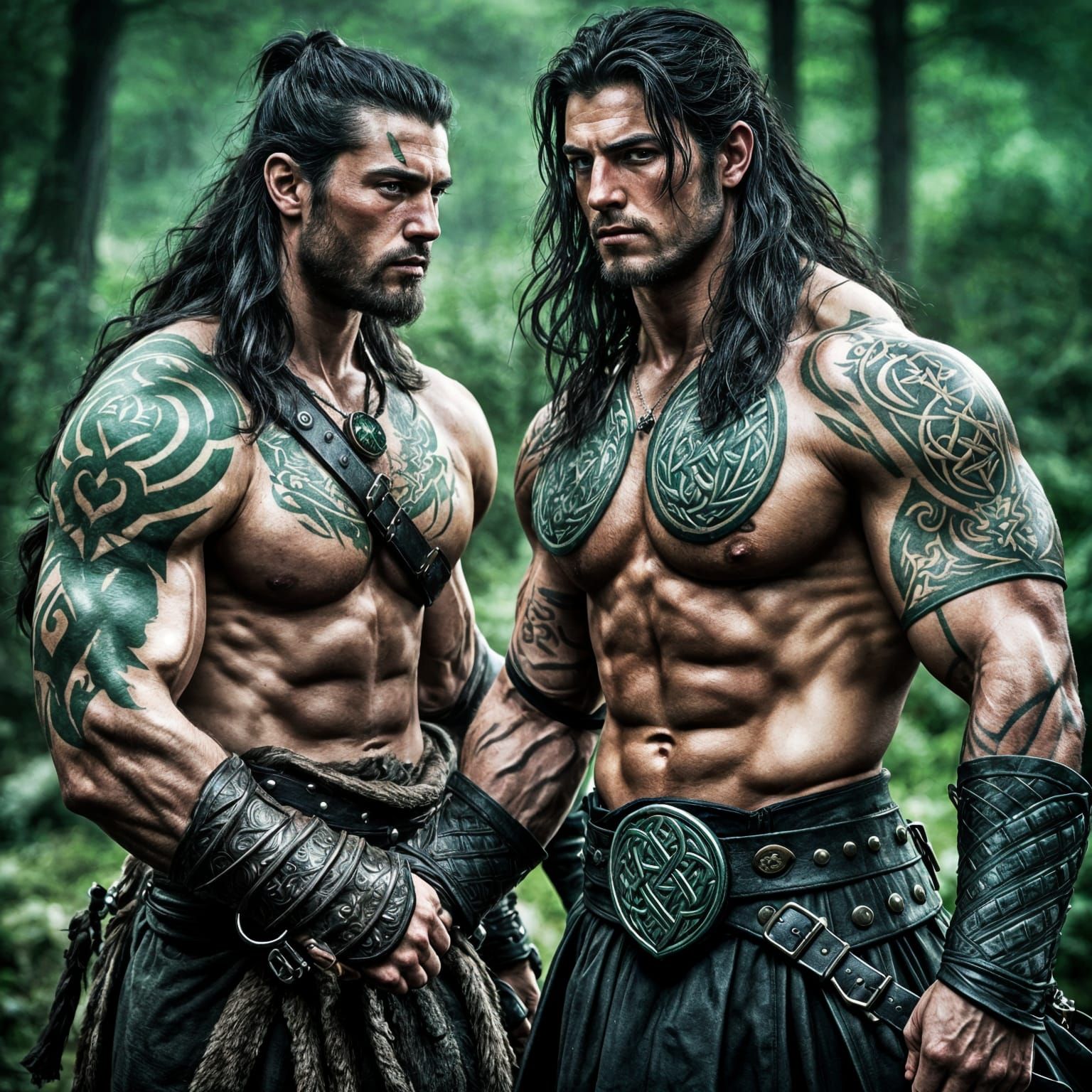 Celtic Barbarian Druid Heals Wounded Man: Hyperrealistic Ima...