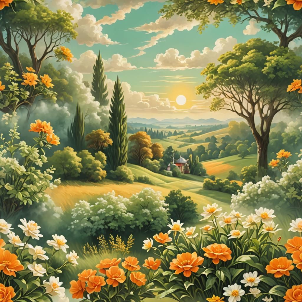 Victorian Landscape Still Life in Vintage Style