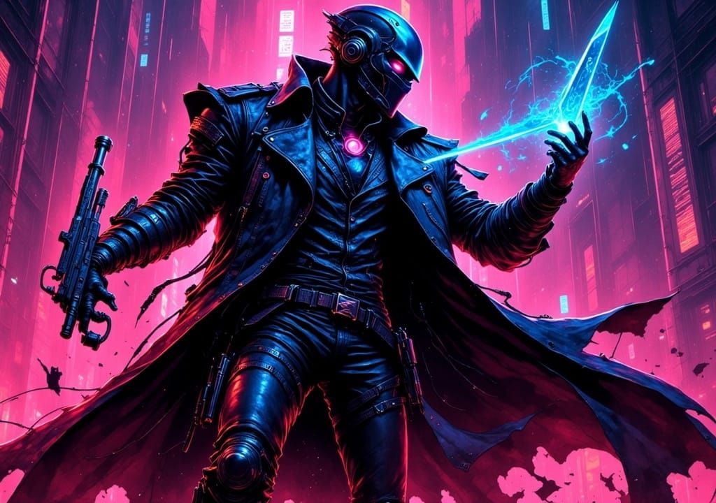 Cyberpunk Vigilante with Holographic Knife and Pistol
