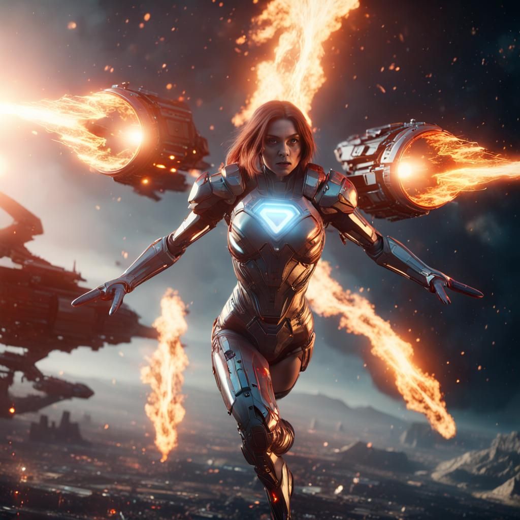 Fiery Superwoman Flies to Spaceship in Sci-Fi Scene