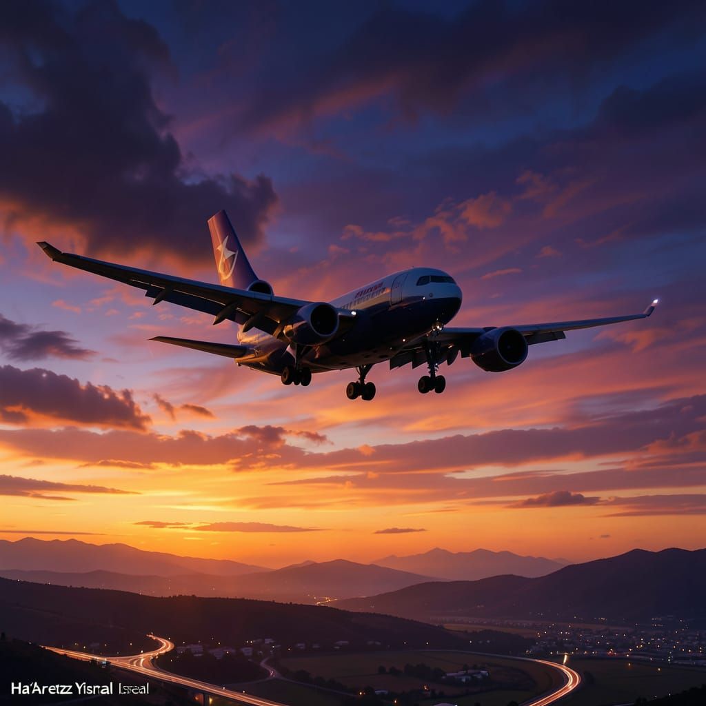 Airplane Landing Over Israel at Sunset