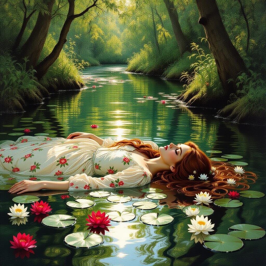 Ophelia's Tragic Descent in Pre-Raphaelite Style