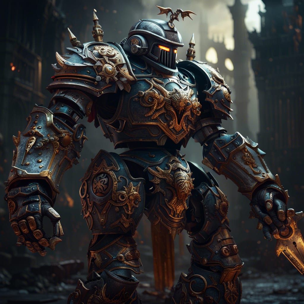 Detailed Warhammer Knight Robot in Fantasy Art Style