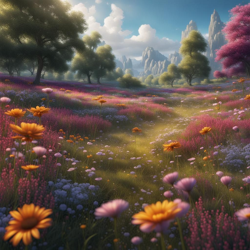 Fantastical Flower Meadow in Detailed Matte Painting