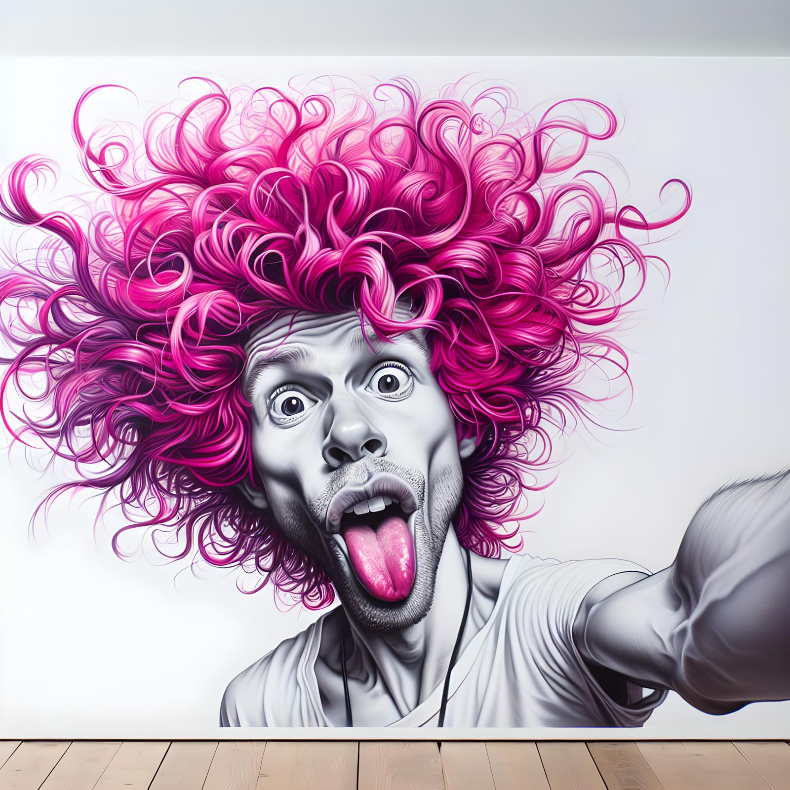 Vivid Caricature of Man with Pink Hair Taking Selfie