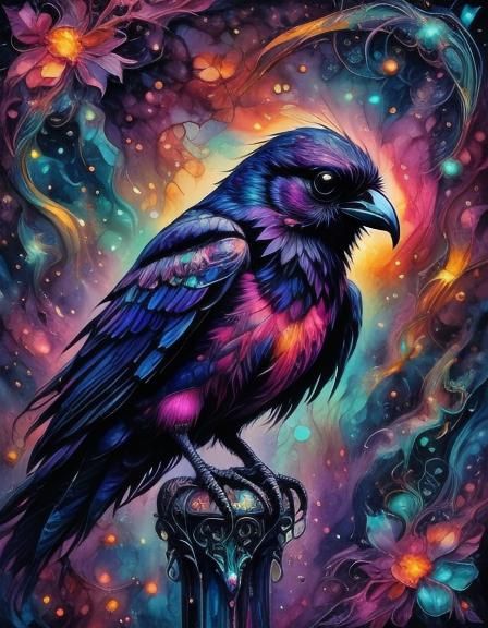 Hot Pink Raven on Mystical Artifact in Fantasy Art