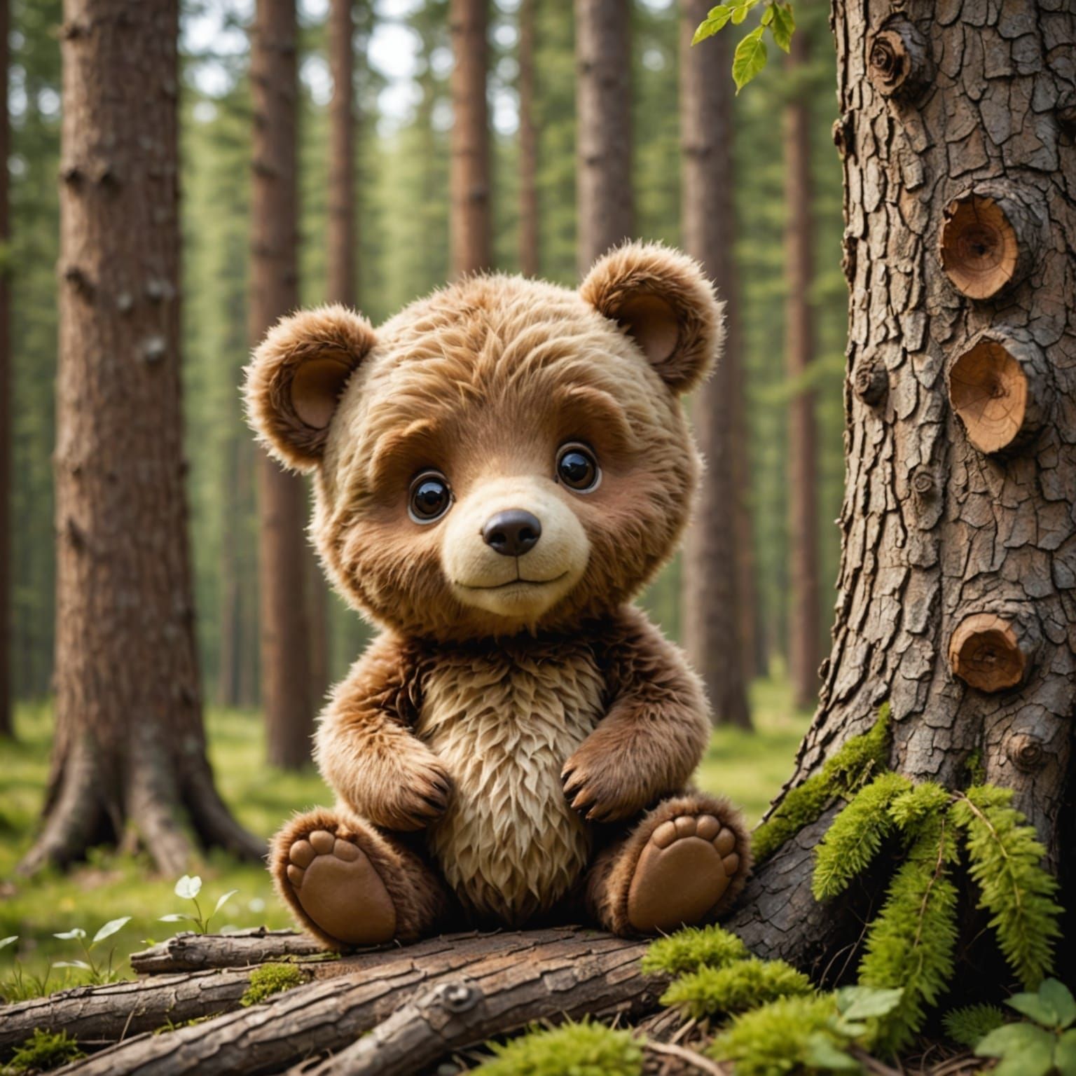 Cute Cartoon Baby Bear at Tree Bottom