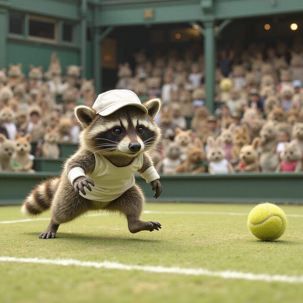 Ball Boy, For The Wombledon Open, picture a determined raccoon, dressed in a miniature tennis outfit, complete with a ti...