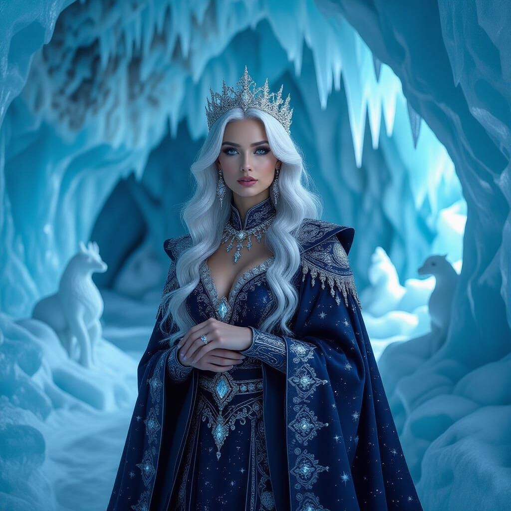 Ethereal Queen in Starlight Robes Before Ice Cave