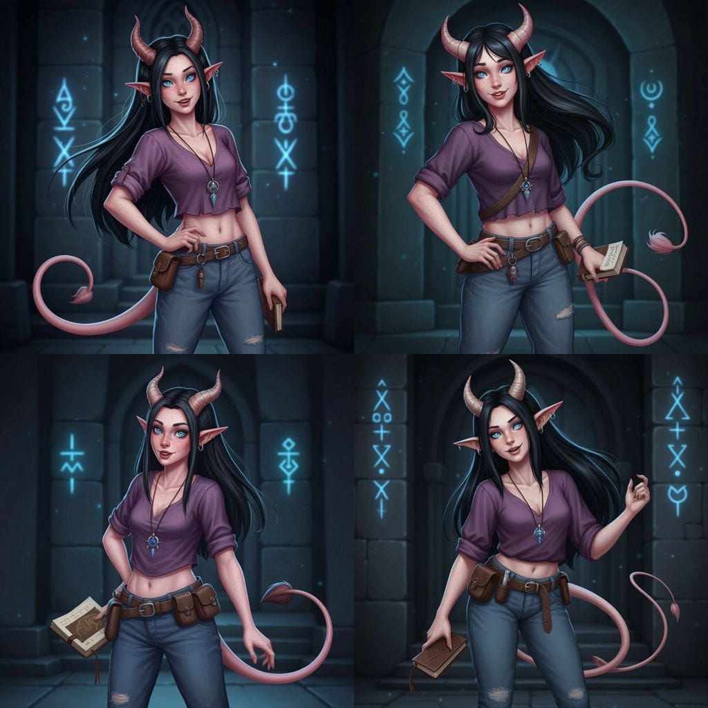 Tiefling Sorceress with Spellbook in Mystical Chamber