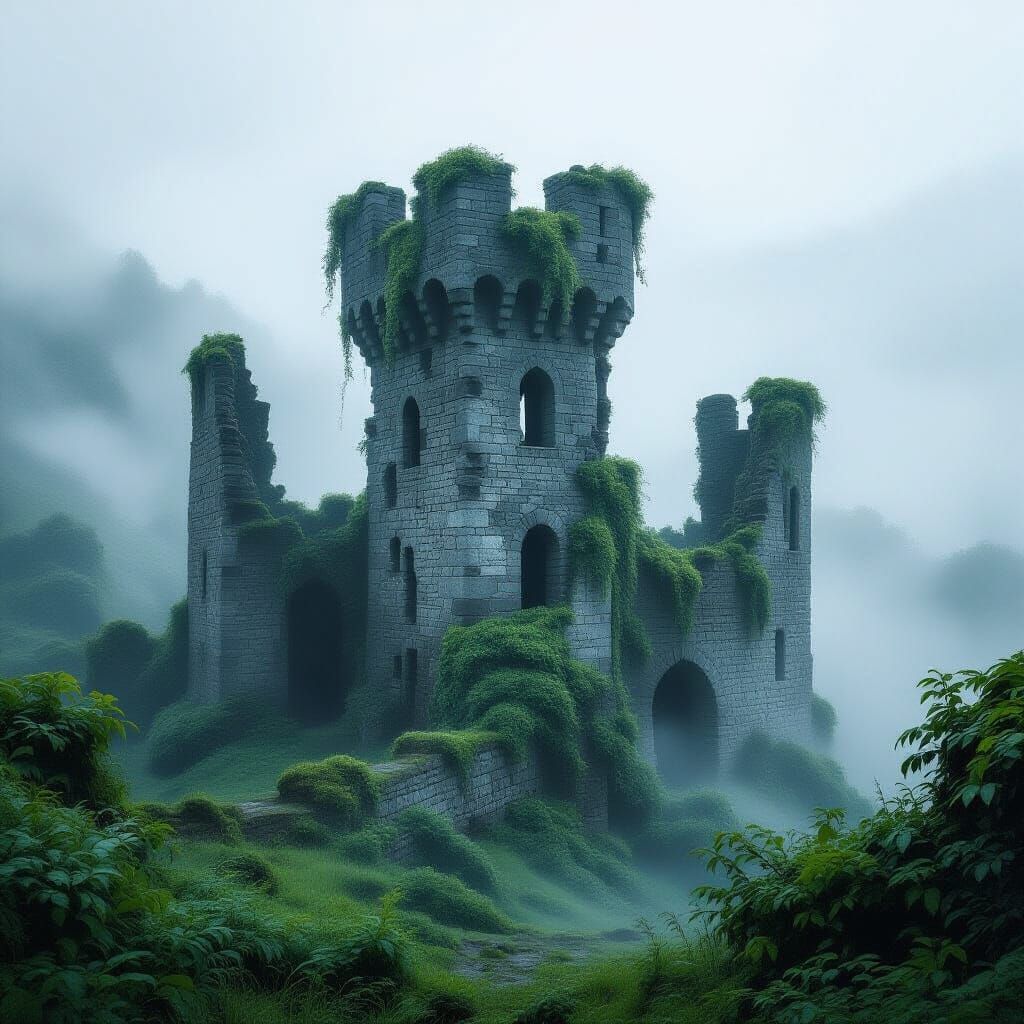 Ethereal Welsh Castle Ruins in Overgrown Gothic Style