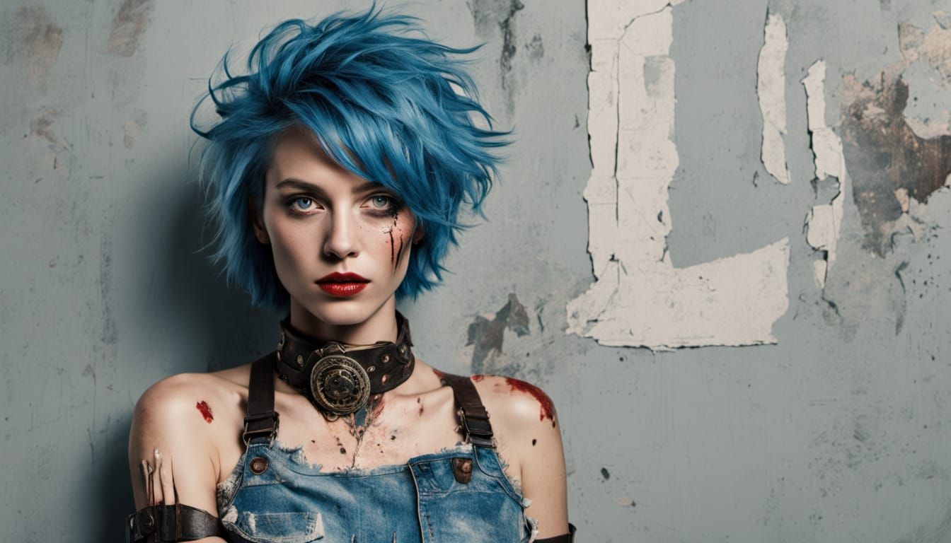 Defiant Blue-Haired Woman in Constructivist Style