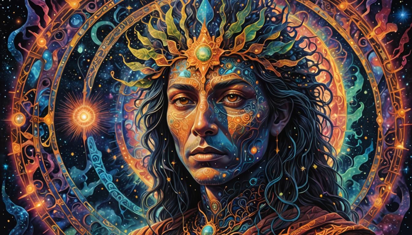 Mystic Figure at Astral Gateway in Cosmic Art Style