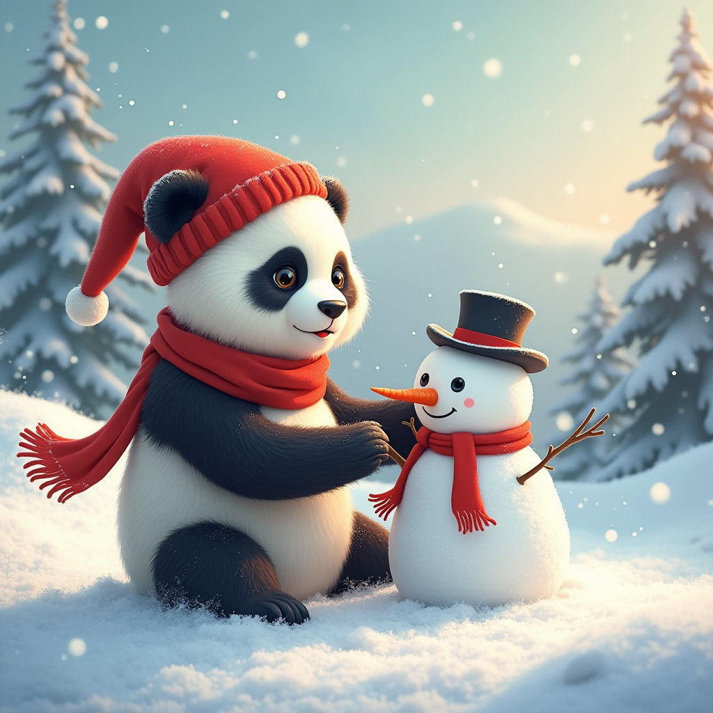 Cartoon Panda Builds Snowman in Winter Wonderland