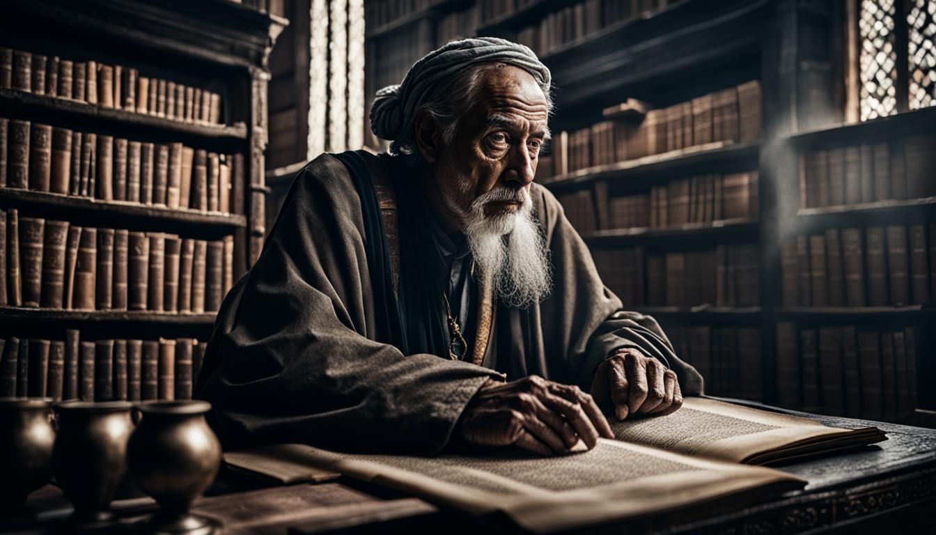 Ancient Scholar Reading Scrolls in Old Library