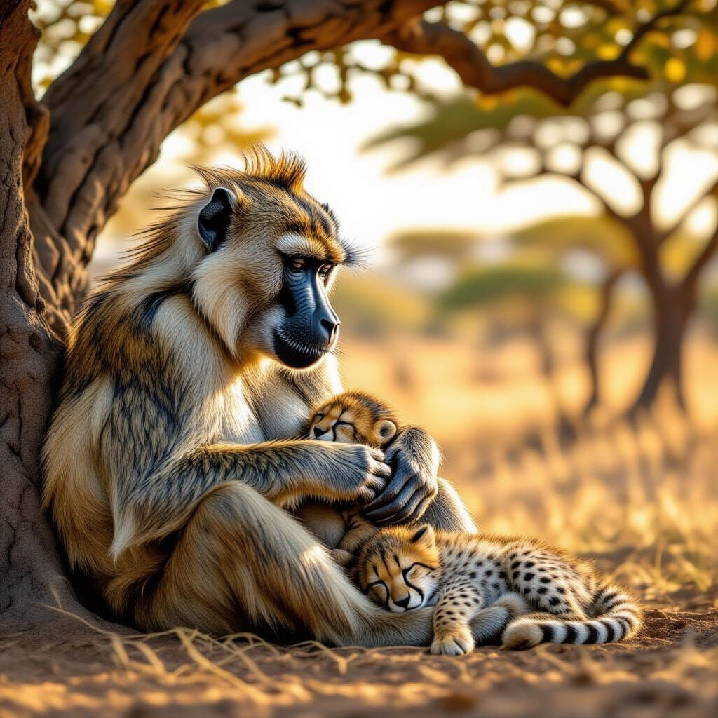 Baboon Grooming Infant While Watching Cheetah Cub
