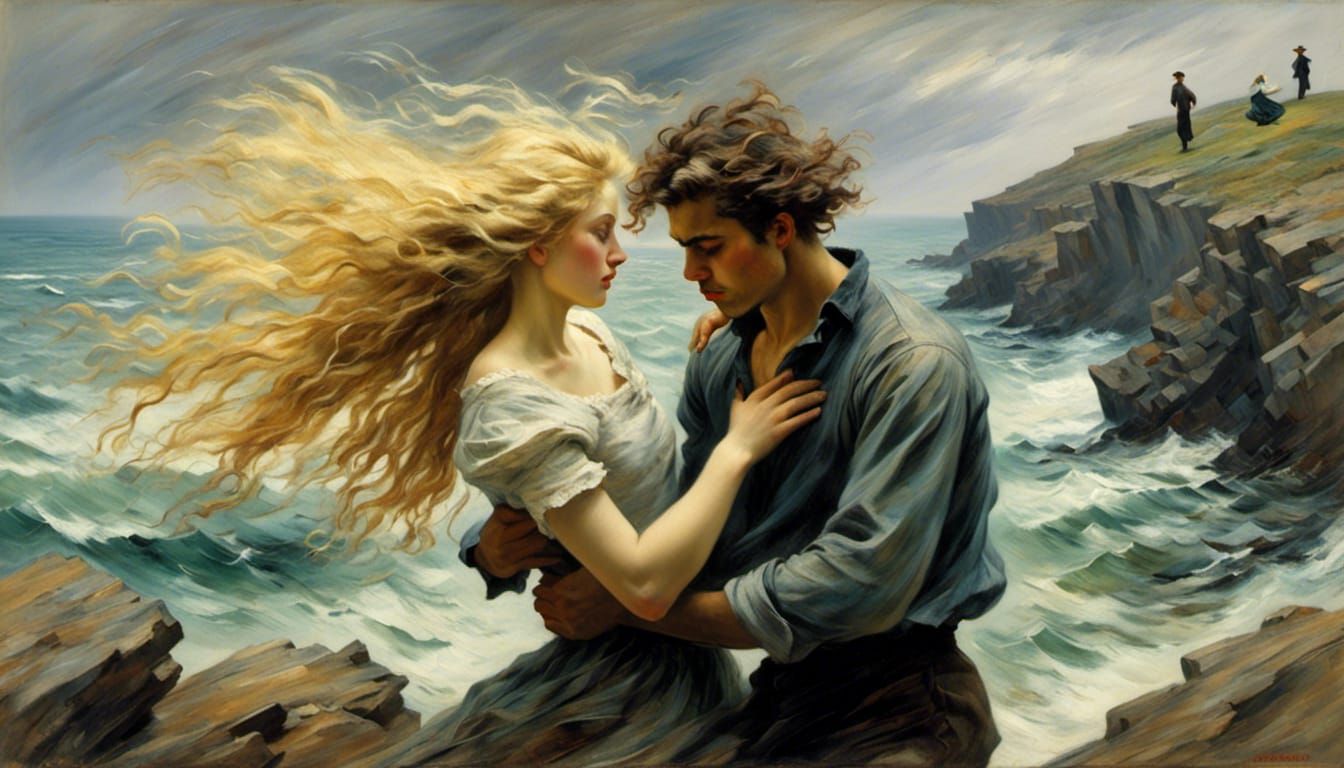 Romantic Seaside Embrace on Windswept Cliff
